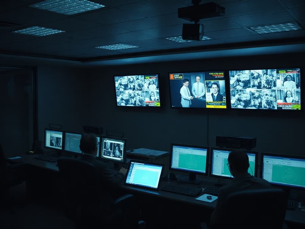 Wide interior of a 24-hour security operations center at night, with dispatch consoles tracking guard positions across multiple monitors.