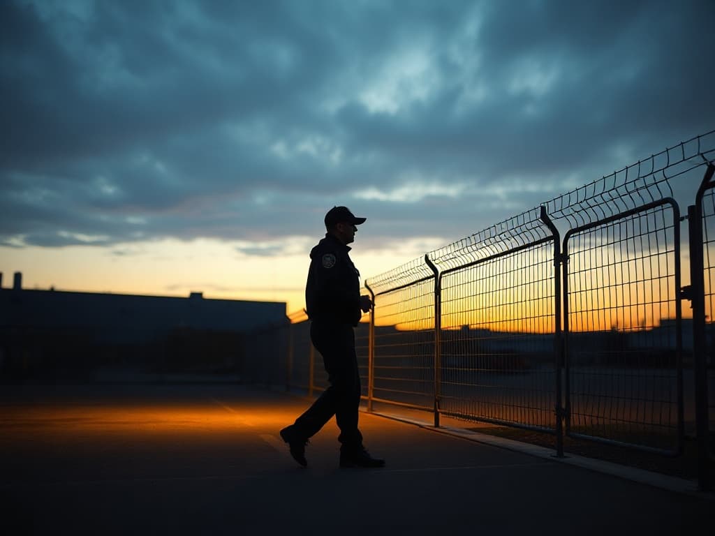 Uniformed security officer on post at an industrial yard gate at dusk, exterior of a large distribution facility behind him.